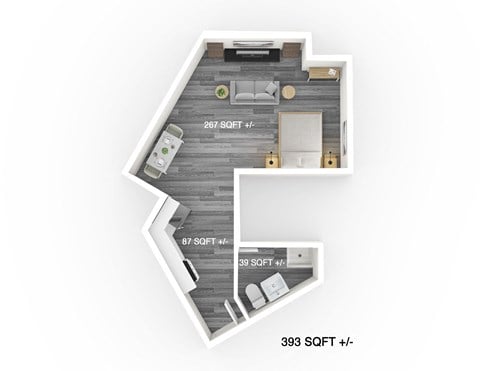 Floor plan for studio, 1 bath, 393 sqft